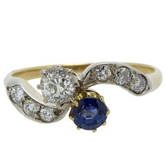 Vintage Sapphire Diamond Ring Cross-Over Twist Diamond Shoulders, circa 1930s