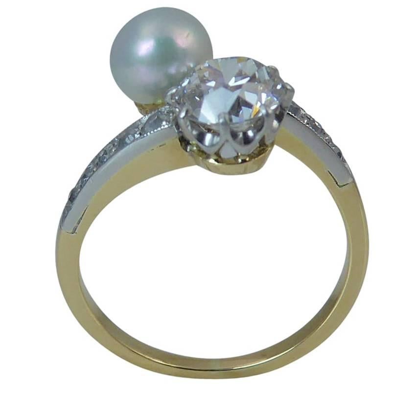 Old European Cut Diamond and Cultured Pearl Vintage Dress Ring, Two Stone