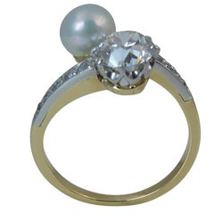 Old European Cut Diamond and Cultured Pearl Vintage Dress Ring, Two Stone