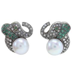 Vintage Luise Pearl Emerald Diamond Gold elephant shaped Clip-On earrings