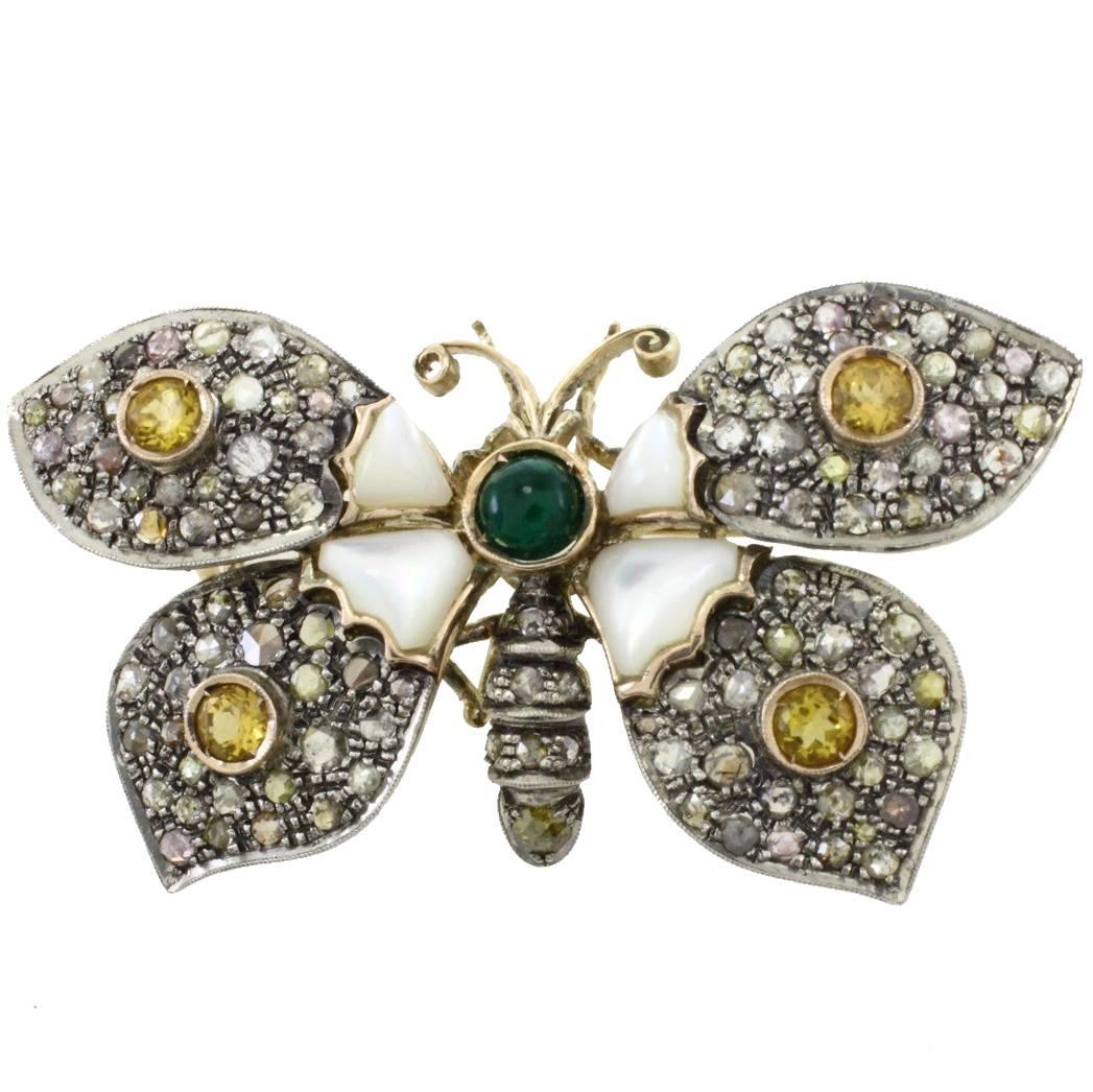 Luise Emerald Mother-of-Pearl Topaz Diamond Silver Gold Brooch Pendant