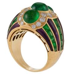 Vintage Bulgari 1980's Emerald Diamond Amethyst and Gold Ring