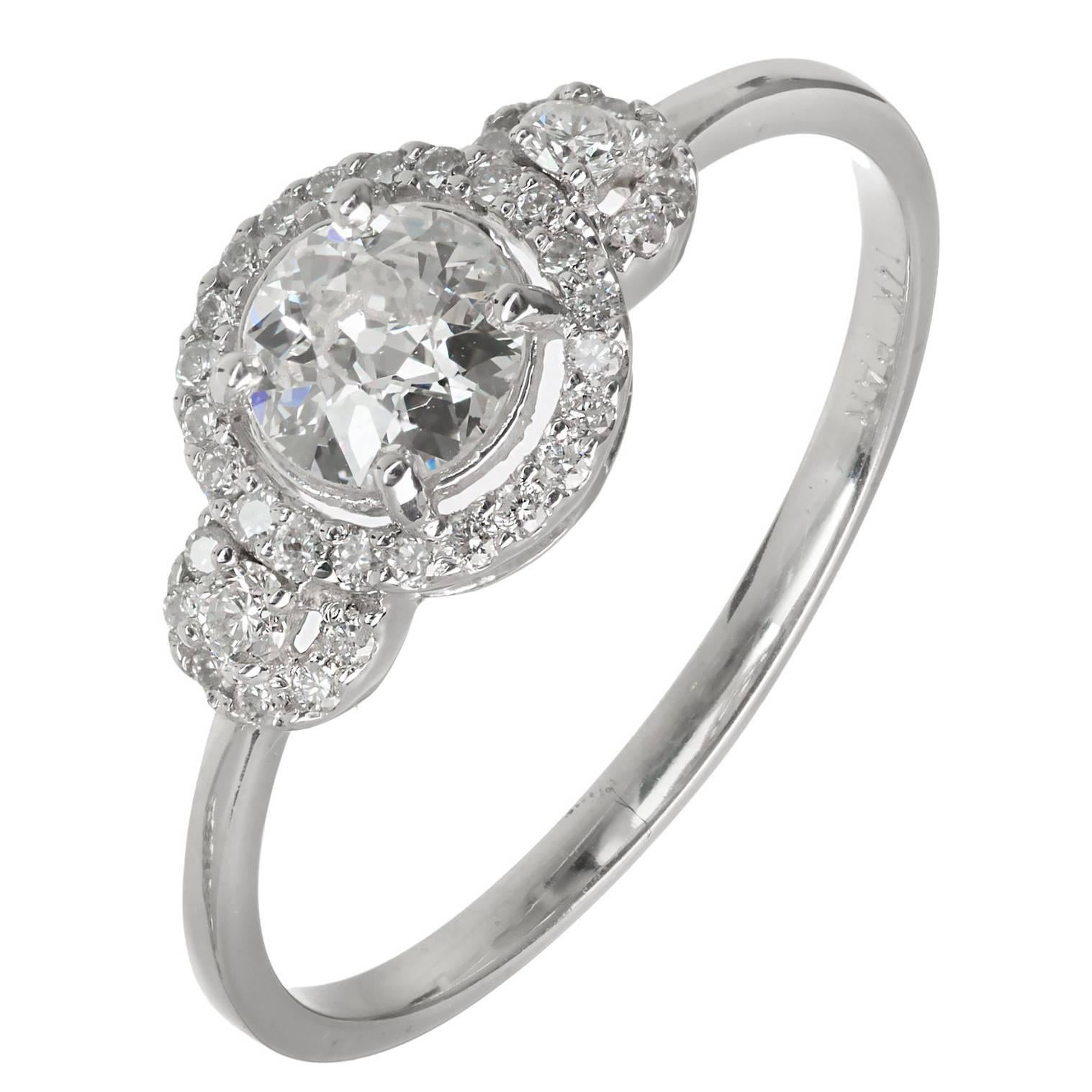 EGL Certified .42 Carat Three Stone Diamond Halo Gold Engagement Ring