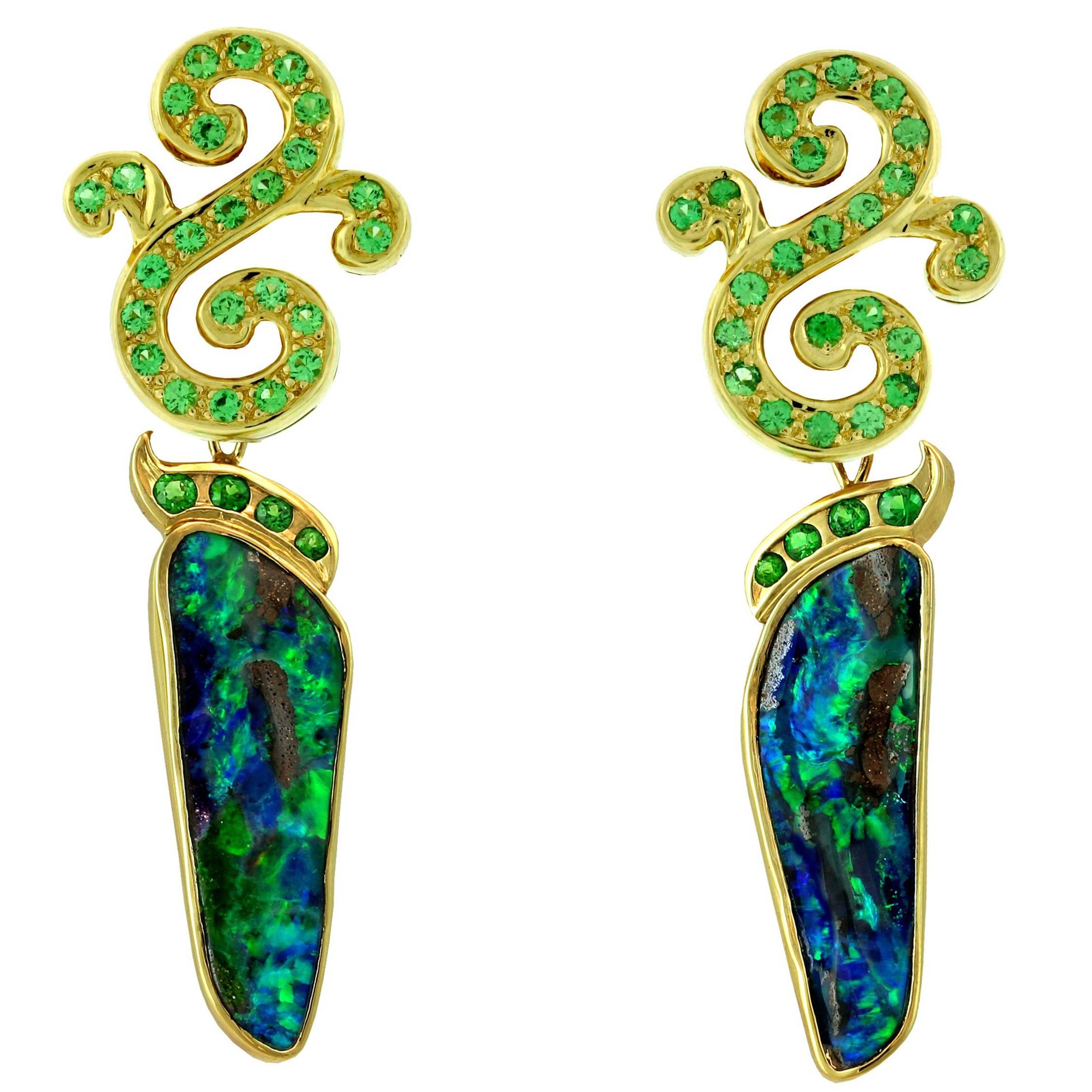 Crevoshay Handcrafted Boulder Opal and Tsavorite Versatile Earrings For Sale