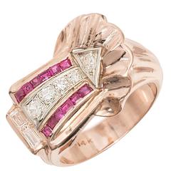 Ruby Diamond Rose and White Gold Arrow Design Cocktail Ring, circa 1930s