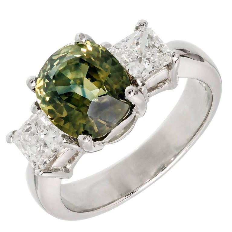 Peter Suchy GIA 3.05 Carat Green Sapphire Diamond Platinum Engagement Ring For Sale