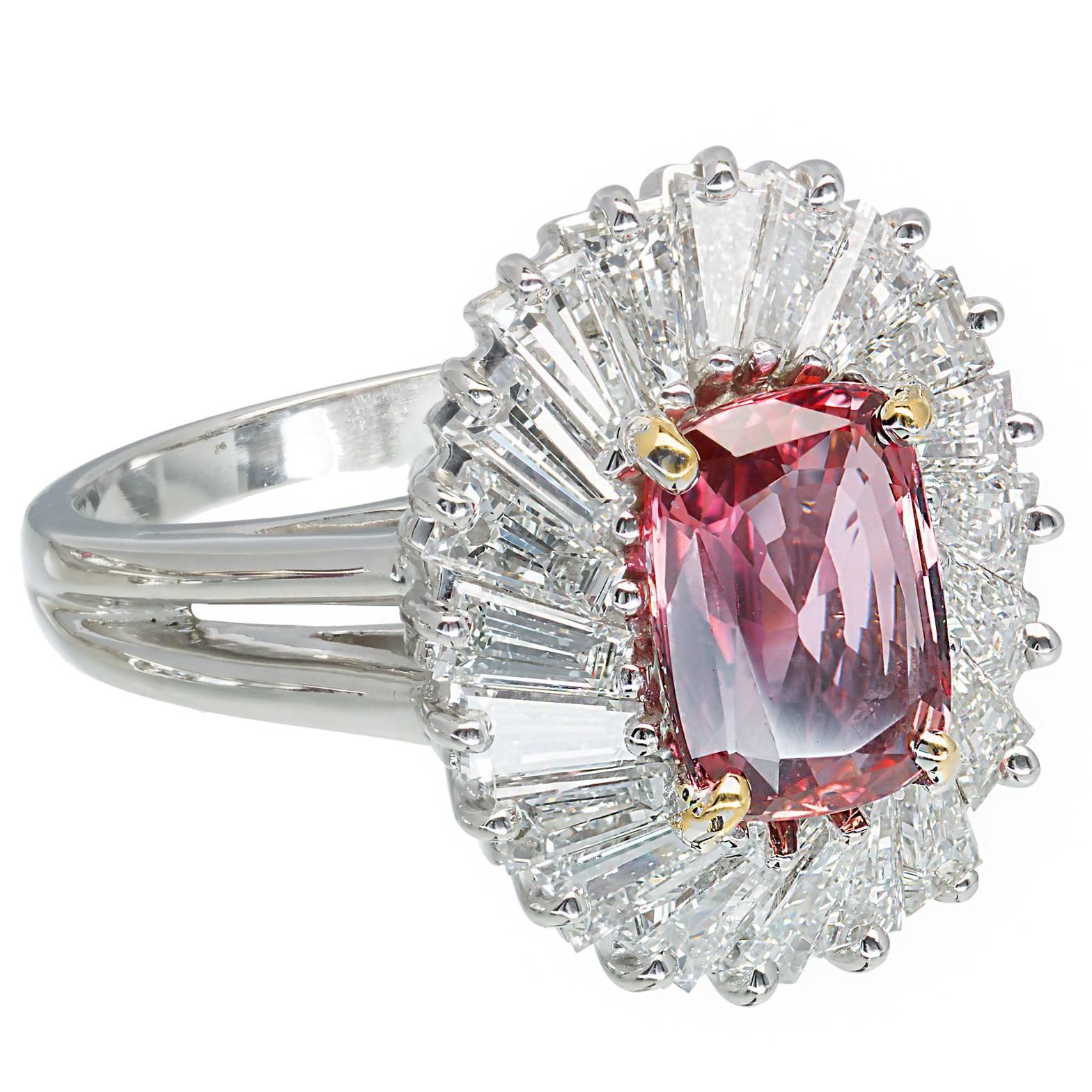 2.39 Carat Pink Sapphire Baguette Diamond Halo Platinum Gold Engagement Ring