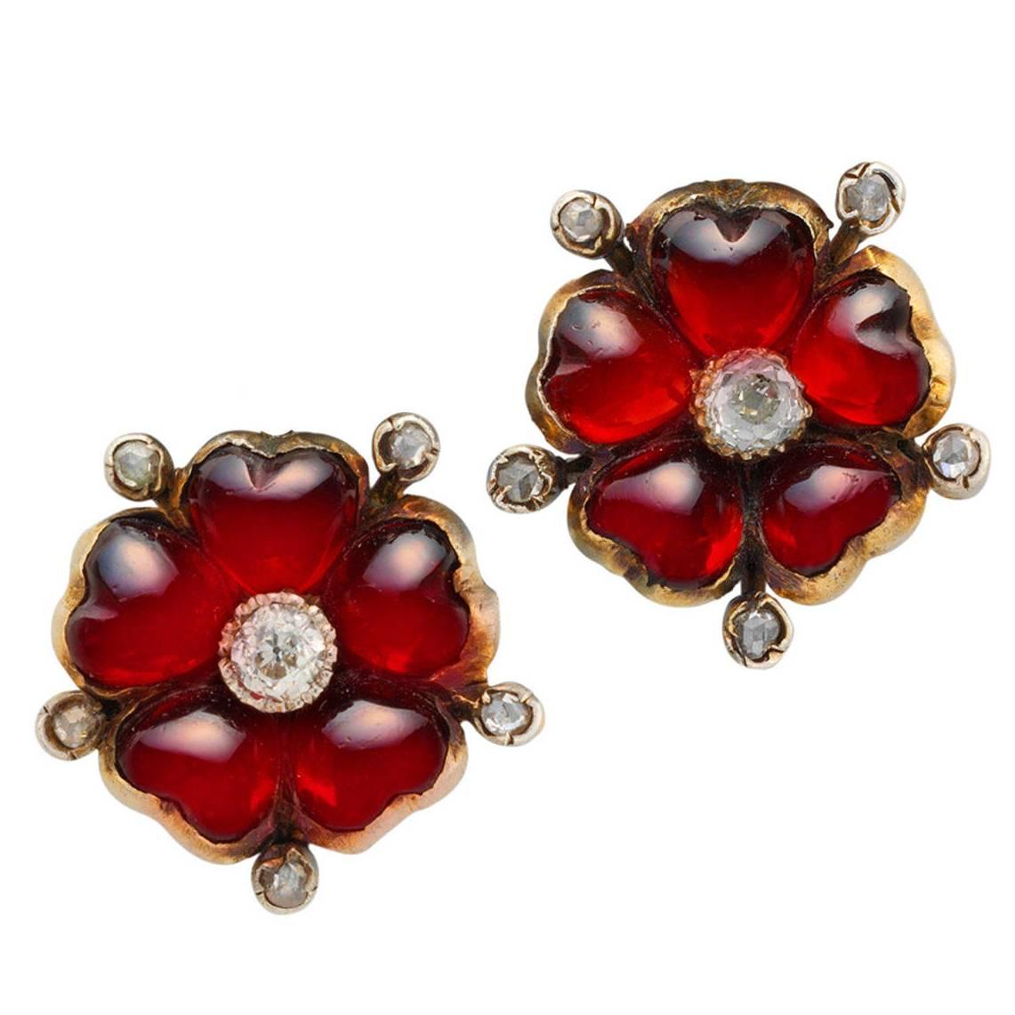 Victorian Garnet Diamond Flower Earrings