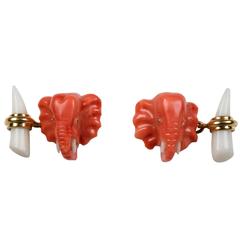 Mediterranean Coral Elephant Heads Diamond Gold Cufflinks