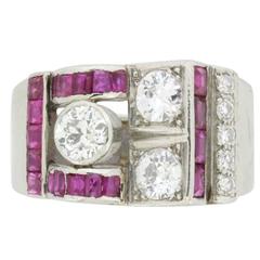 Vintage Asymmetrical Diamond and Ruby Cocktail Ring, circa 1940s 2