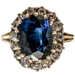 Victorian 6.40 Carat Natural Sapphire and Diamond Cluster 18 Carat Yellow Gold 1