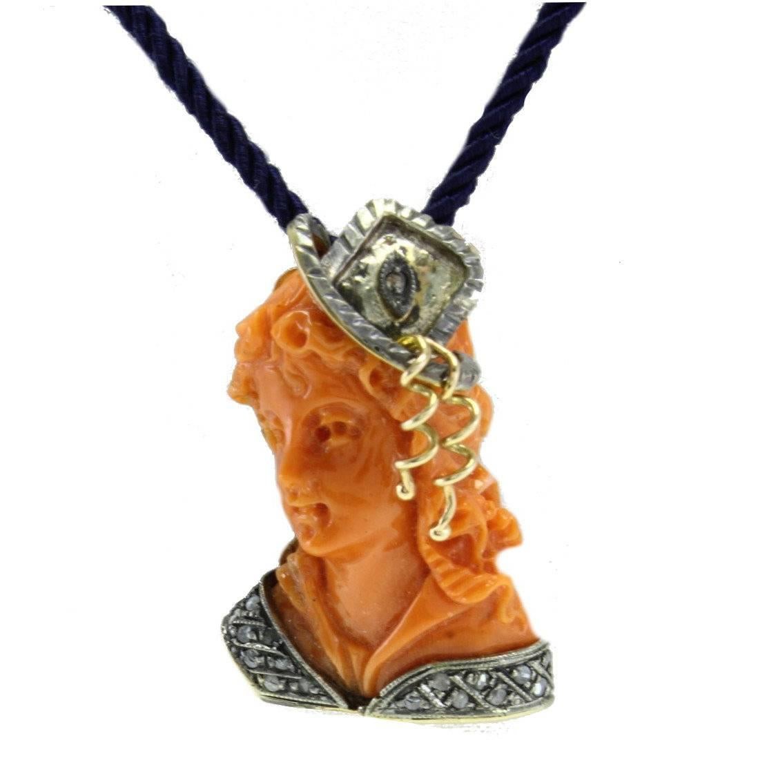 Engraved Face on Coral, Diamonds, Silver and Rose Gold Pendant Necklace For Sale