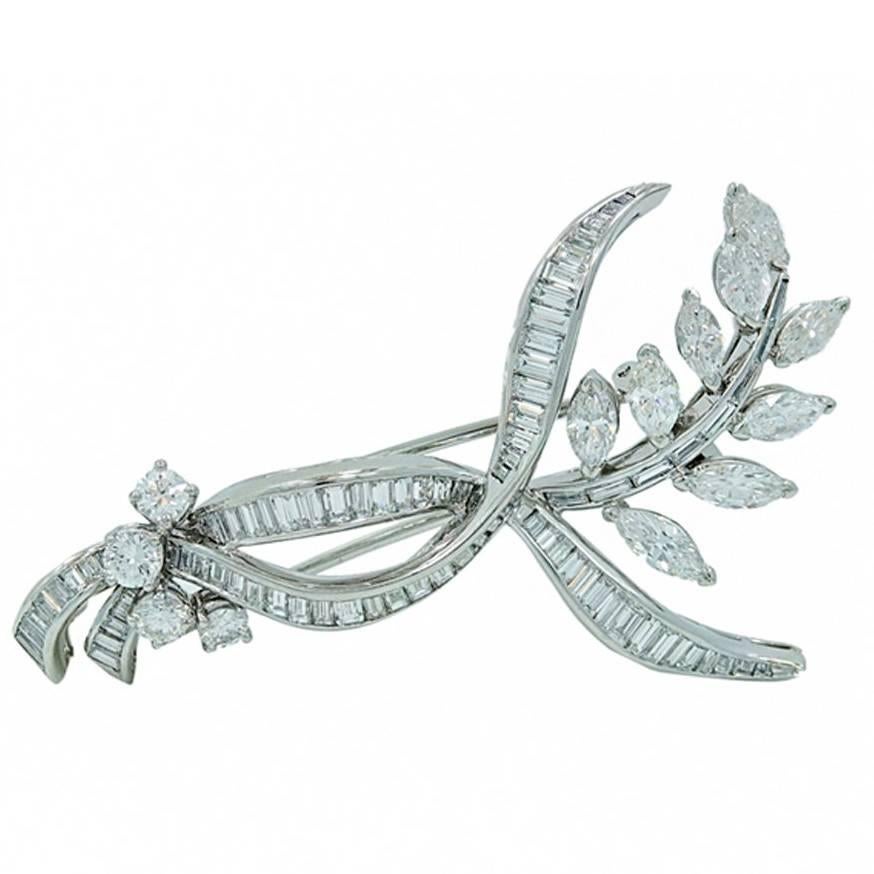 Brilliant Round Baguette and Marquise Diamonds Platinum Brooch For Sale