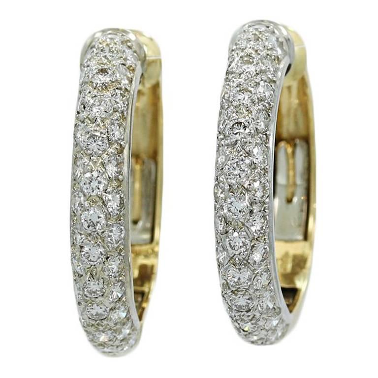 Perfecta Pave Diamonds White and Yellow Gold Hoop Earrings   For Sale