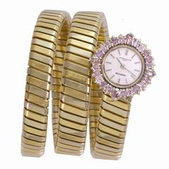 Vintage Bulgari Ladies Pink Diamond Framed dial Three Color Gold Tubogas Wristwatch