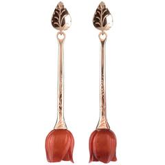 CdG Style Diamond Gold Unique Earrings with Hand-Carved Red Nut Ivory Tulip 2