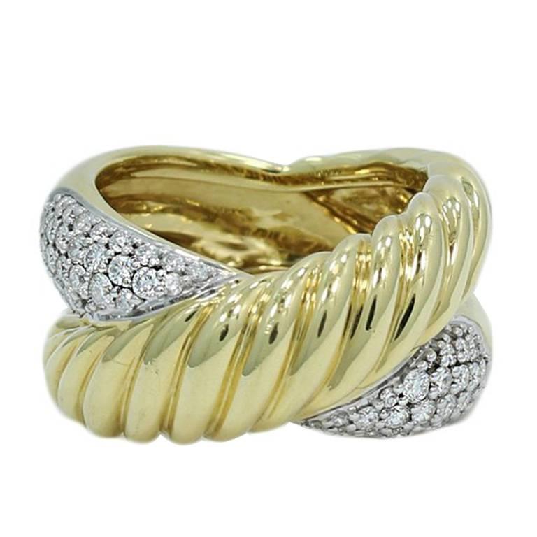 David Yurman Pave Diamonds Yellow Gold Cable Ring  For Sale