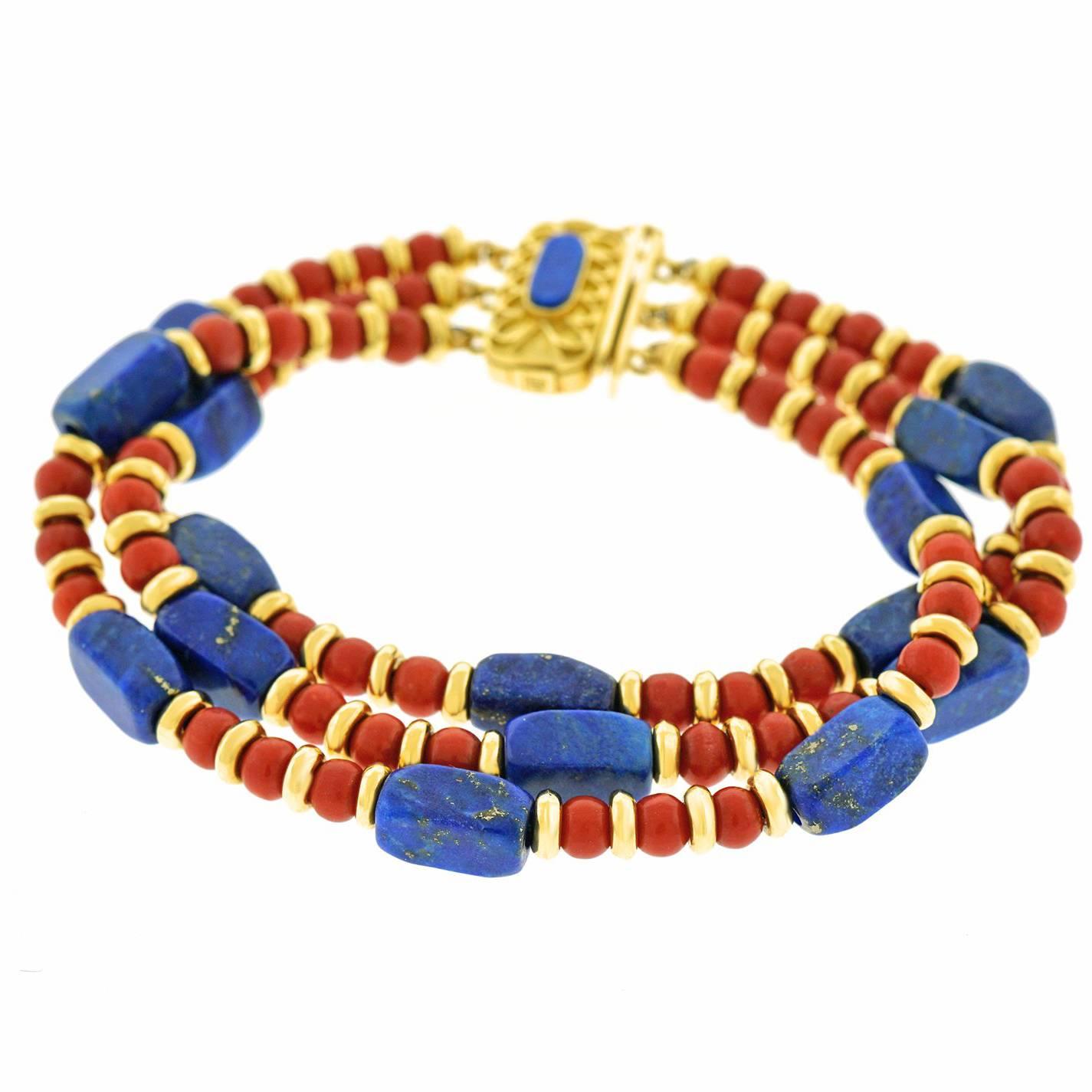 Seventies Lapis, Coral, and Gold Bracelet