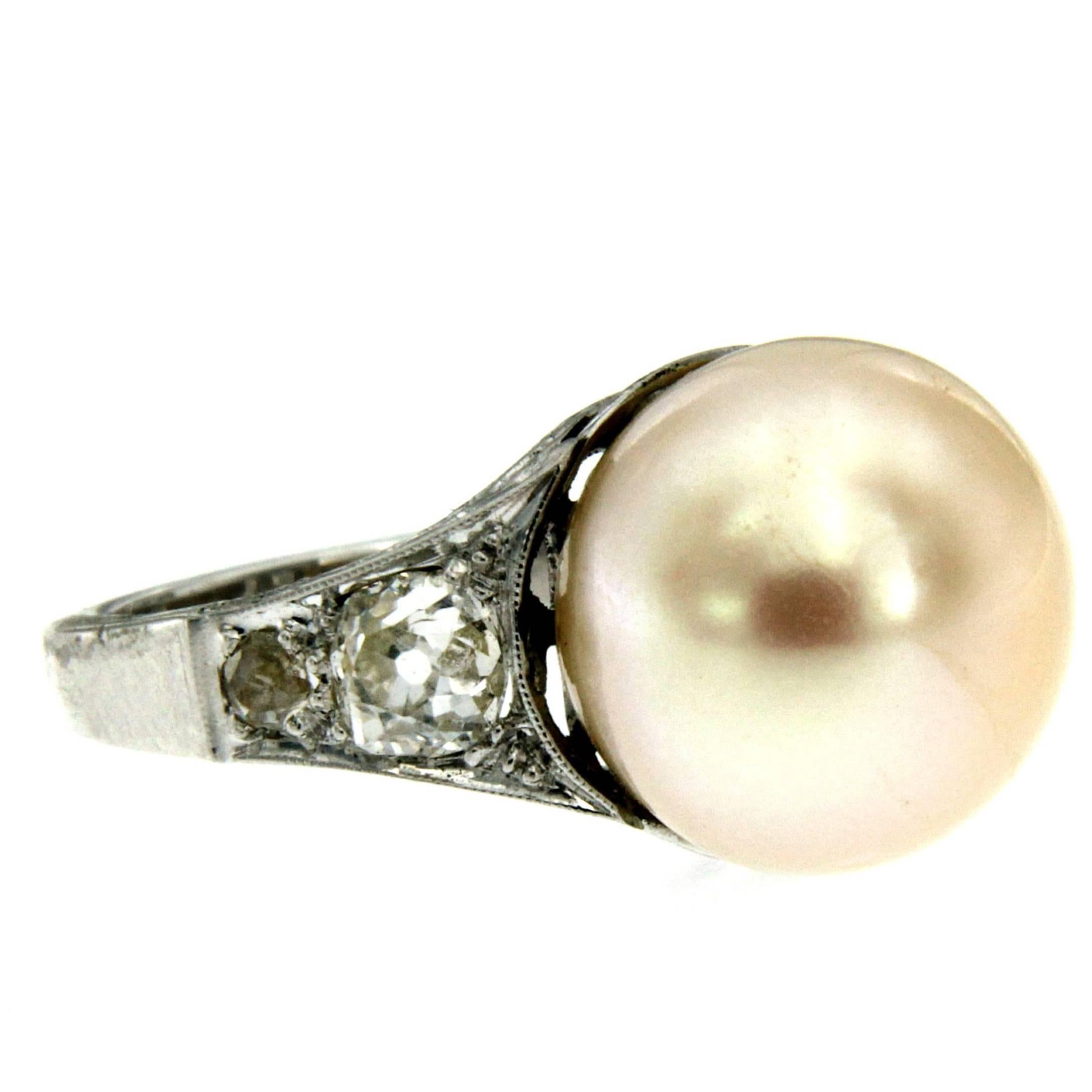Art Deco Pearl Diamond Platinum Ring