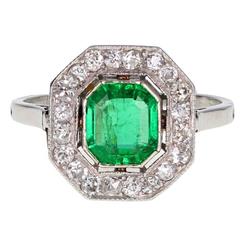 Art Deco Emerald Diamond Platinum Cluster Ring 4