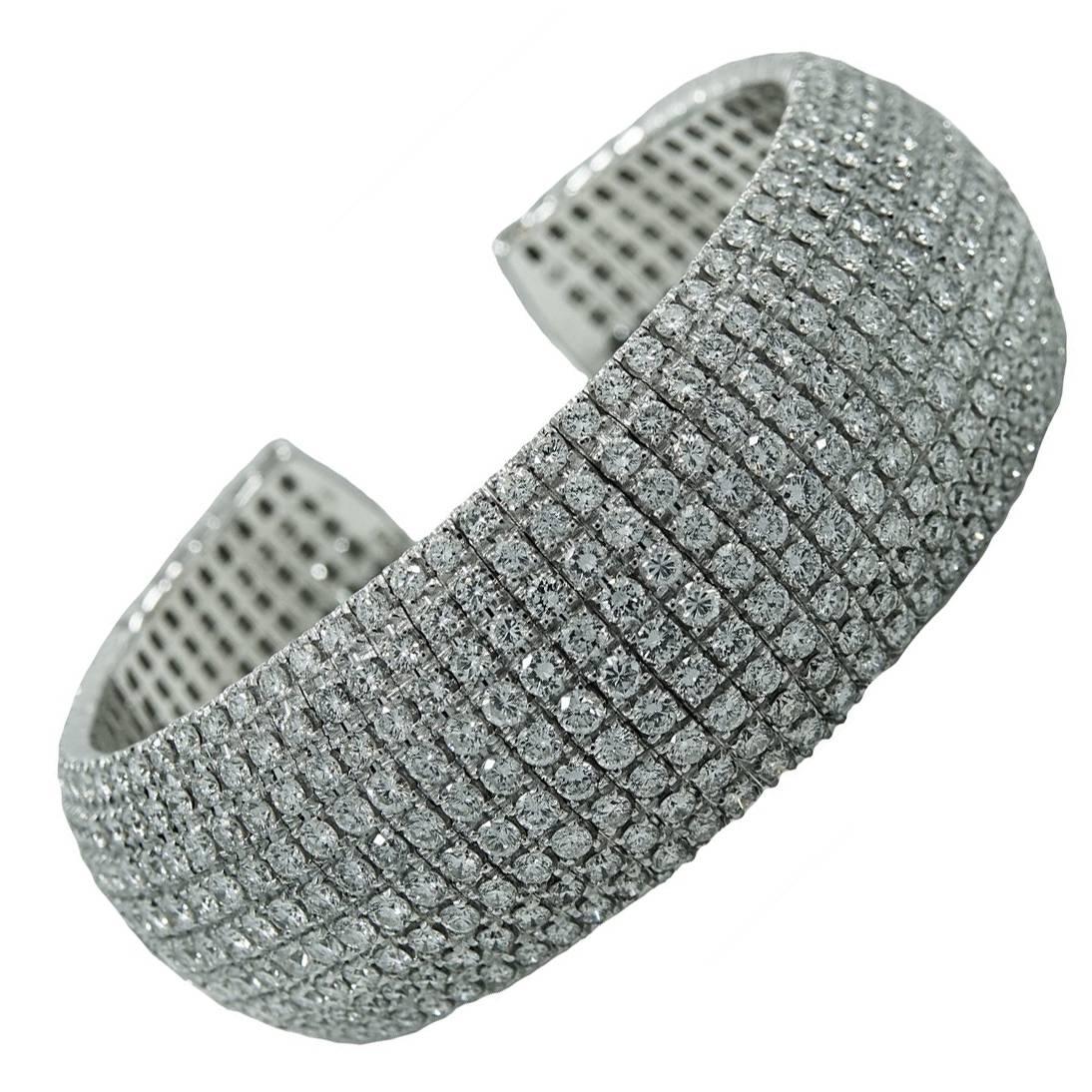 White Gold Cuff Bracelet with 32.70 Carats Round Brilliant Diamonds For Sale