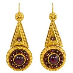 Antique Etruscan Revival Garnet Yellow Gold Earrings