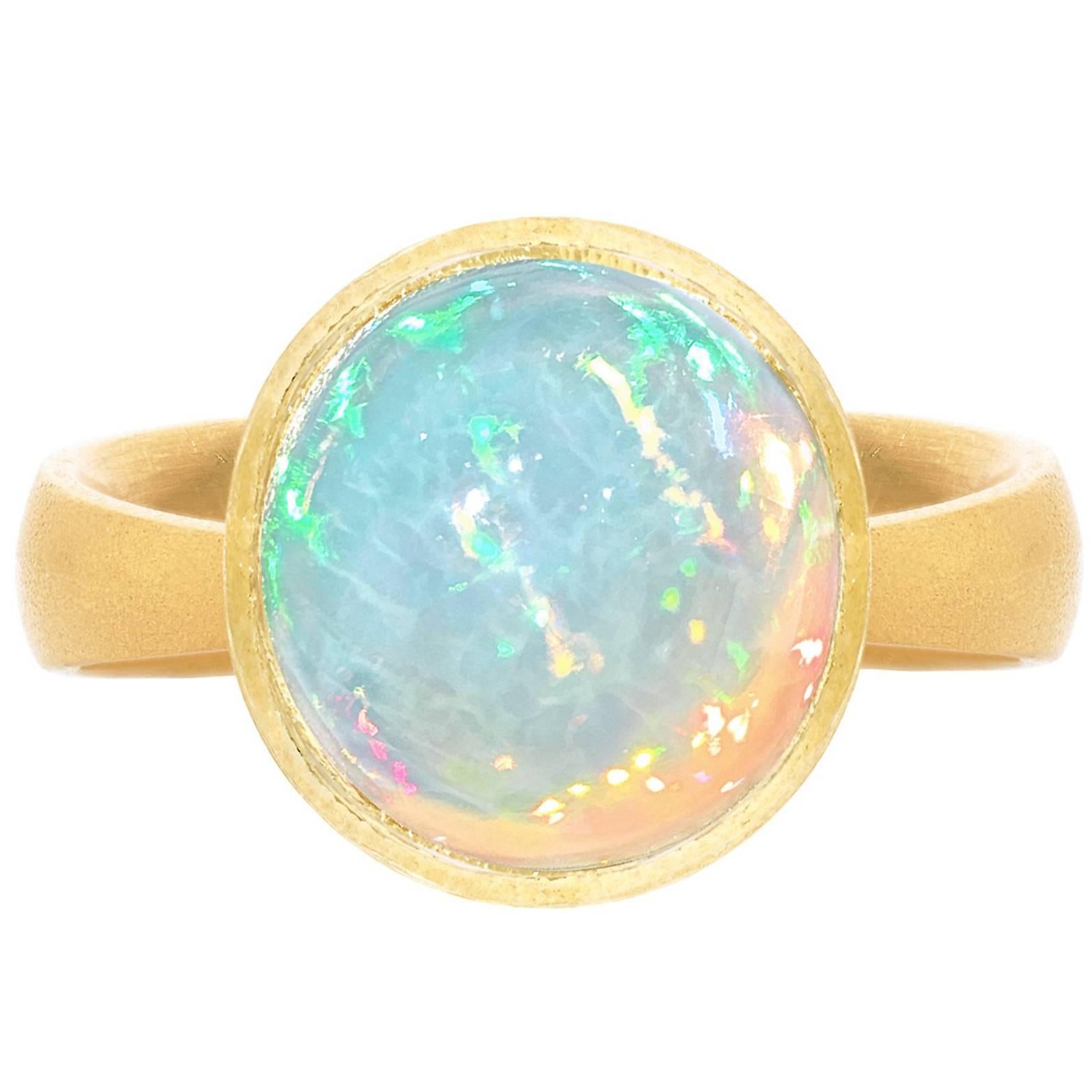 Devta Doolan Otherworldly Rainbow Flash White Opal Handmade Textured Gold Ring