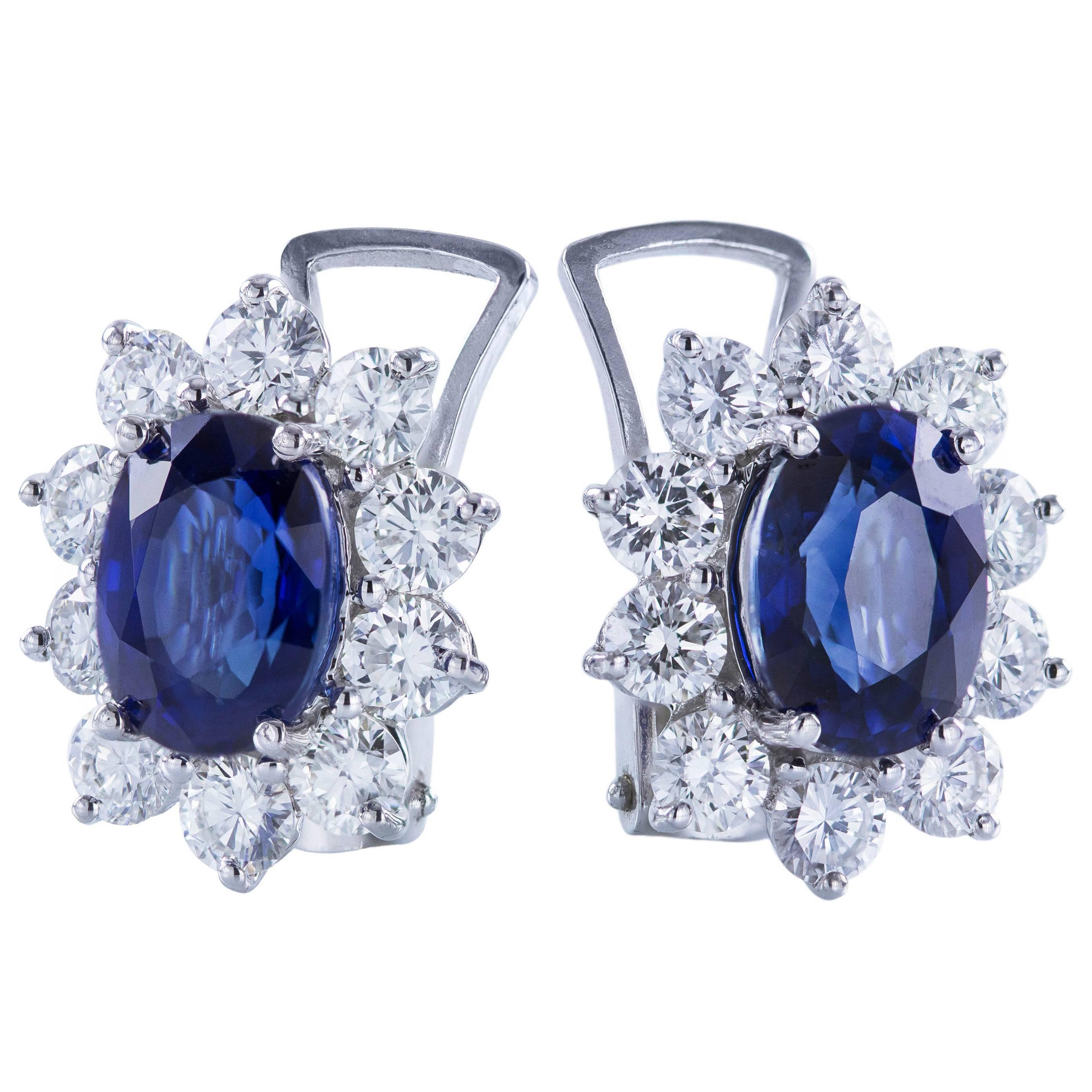 3.96 Carat Blue Sapphire Diamond White Gold Cluster Earrings
