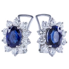 3.96 Carat Blue Sapphire Diamond White Gold Cluster Earrings