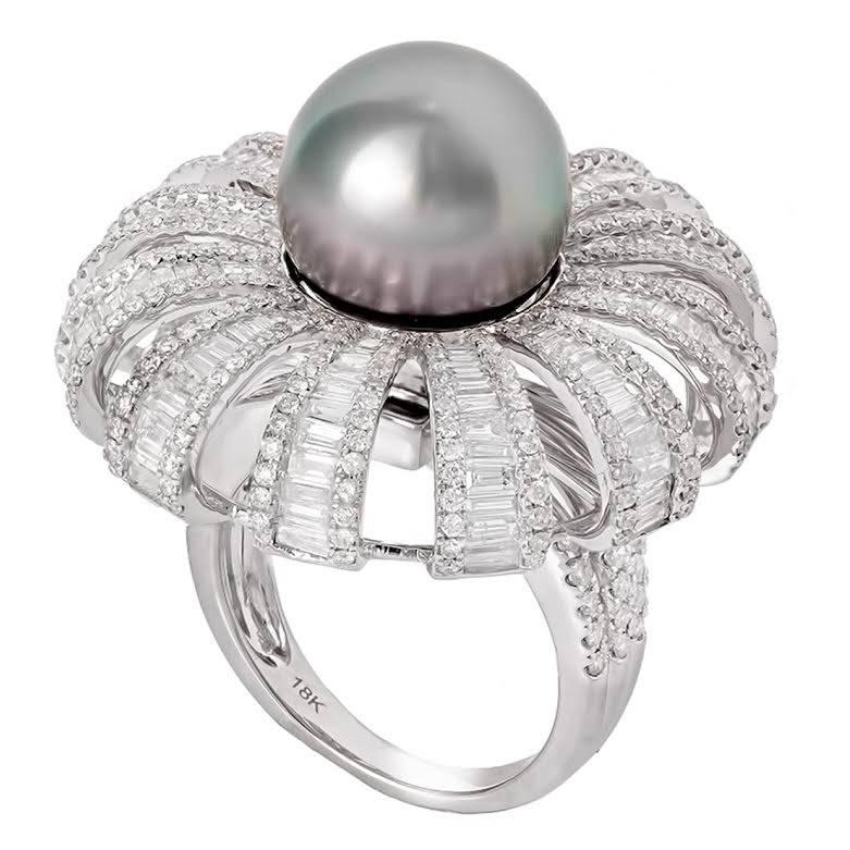 Tahititan Pearl Diamond Baguette Ring and Pendant in One For Sale