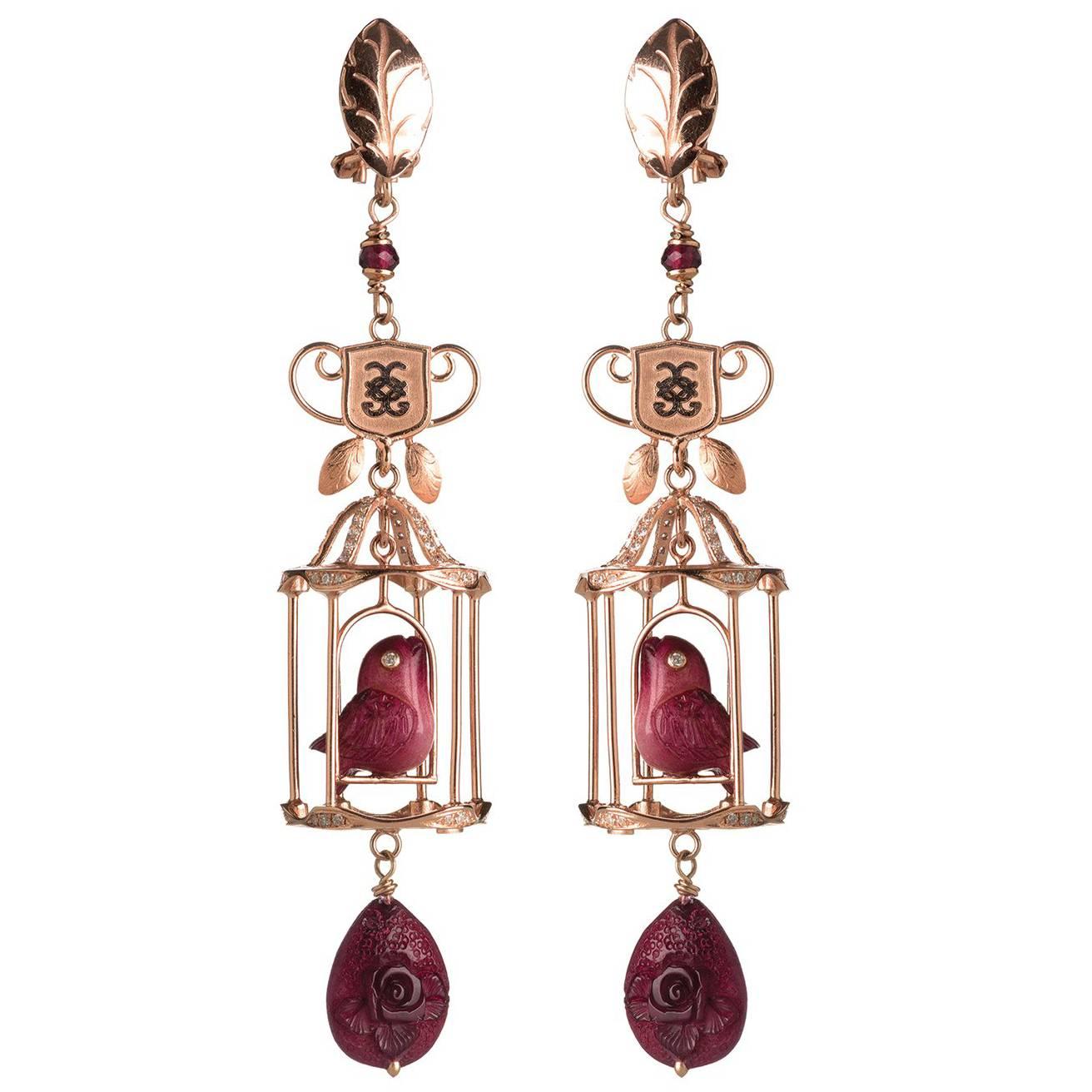 Couleurs de Geraldine Diamond Gold Birdcage Earrings Carved Red Nut Ivory  For Sale