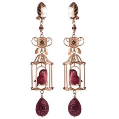Couleurs de Geraldine Diamond Gold Birdcage Earrings Carved Red Nut Ivory
