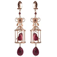 Couleurs de Geraldine Diamond Gold Birdcage Earrings Carved Red Nut Ivory 