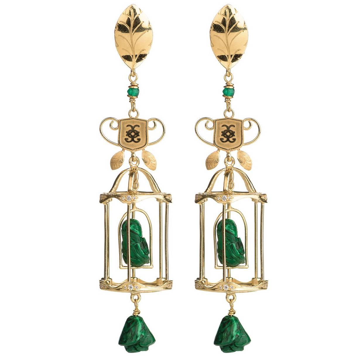 CdG Style Emerald Diamond Gold Bird Birdcage Earrings  For Sale