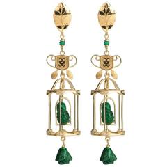 CdG Style Emerald Diamond Gold Bird Birdcage Earrings 