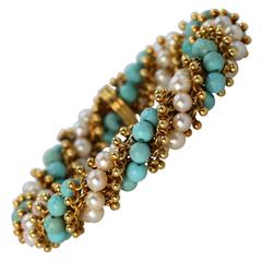 Van Cleef & Arpels Turquoise Cultured Pearl and Gold Bracelet, 1970s 11