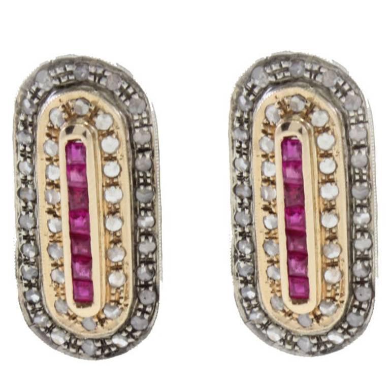 Diamond Ruby Gold and Silver Earrings