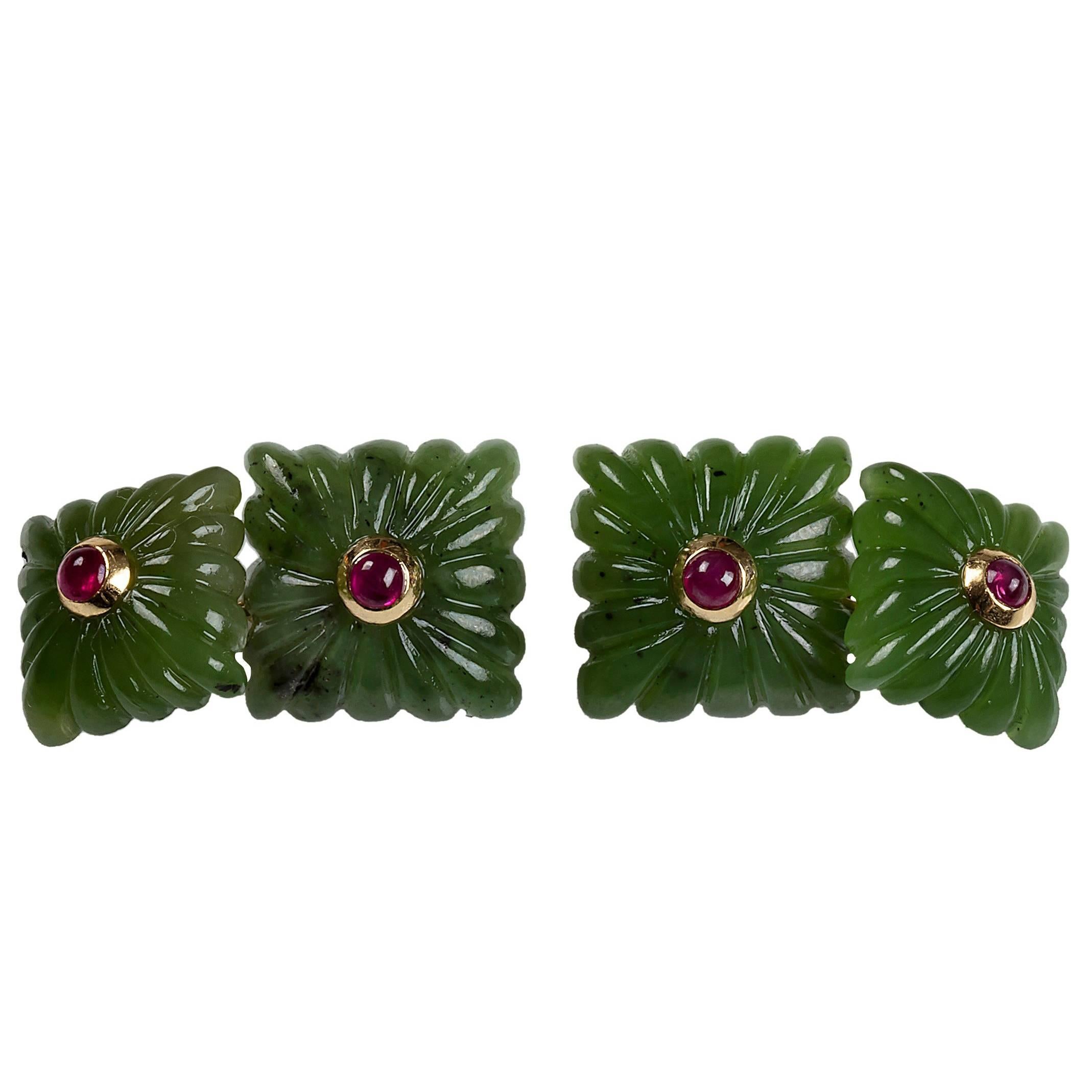 Carved Squared Jade and Rubies Gold Cufflinks