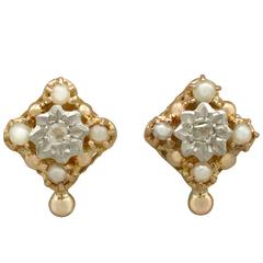 1900s Diamond and Seed Pearl Yellow Gold Stud Earrings 3