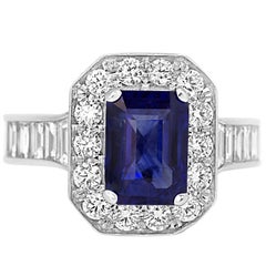 Blue Sapphire Emerald Cut Diamond Round Halo Gold Bridal CocktailRing