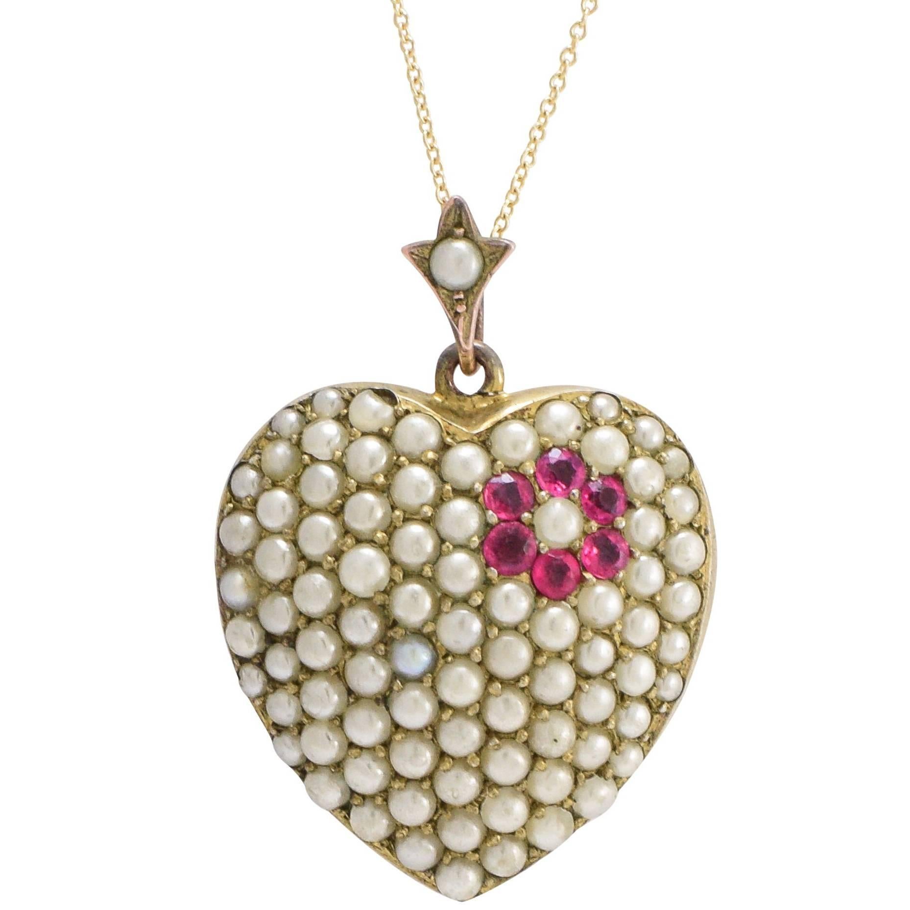 Antique Victorian Pearl Flower Pavé Heart Pendant