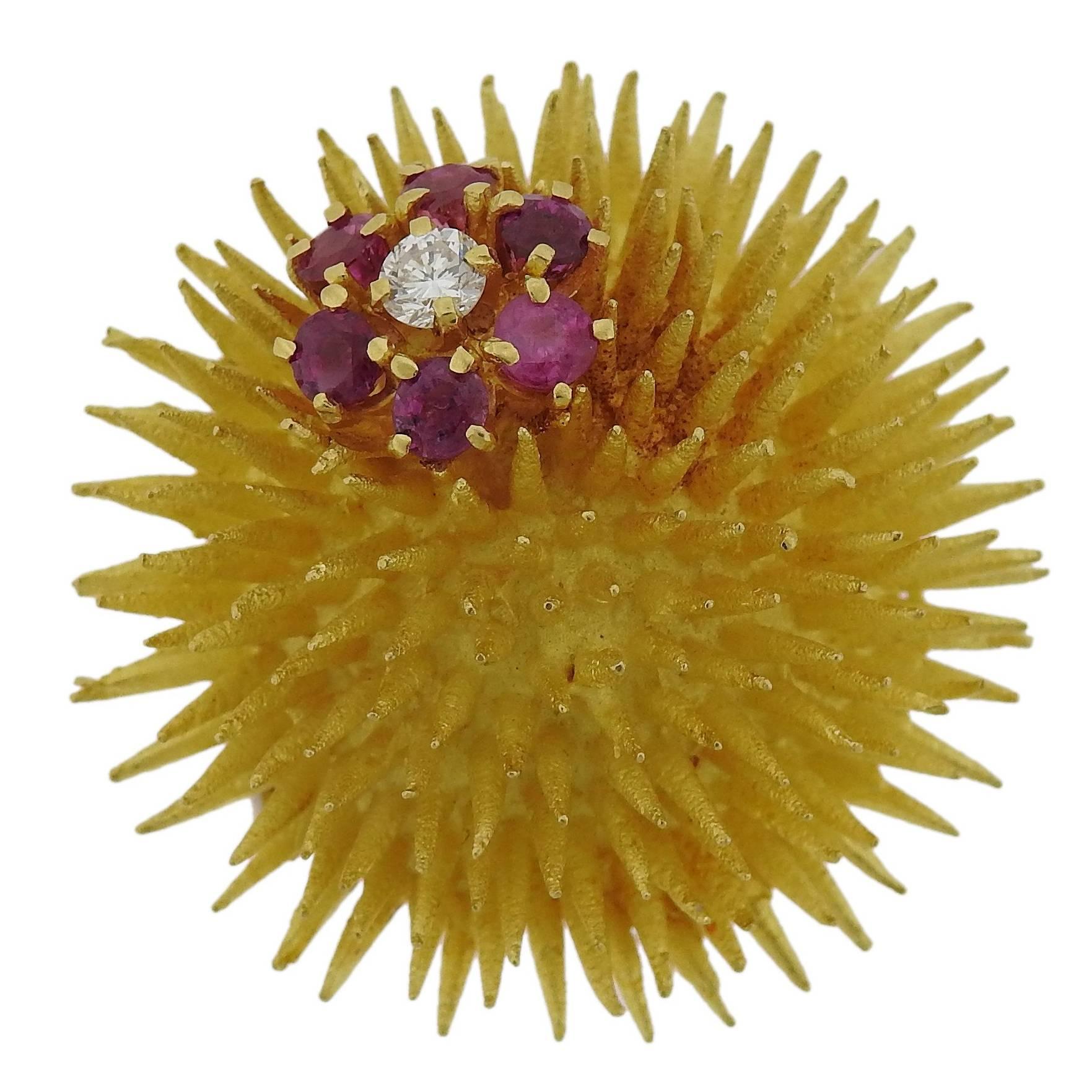 Tiffany & Co. Ruby Diamond Gold Sea Urchin Brooch Pin