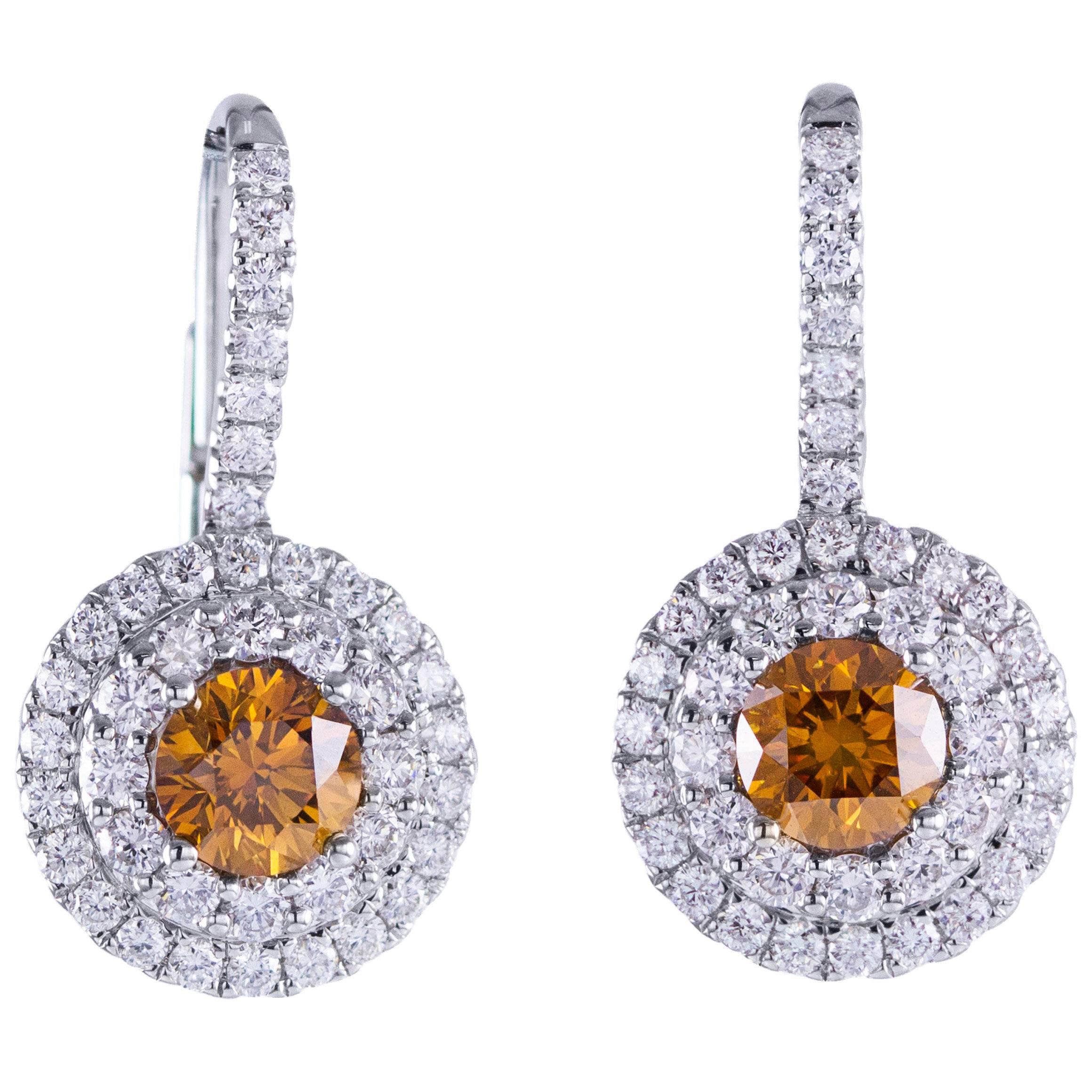 GIA Certified Fancy Color Diamond Halo White Gold Lever-Back Earrings
