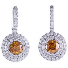 GIA Certified 1.32 Carats Total Fancy Color Diamond Halo Dangle Earrings