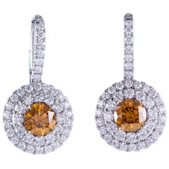 GIA Certified 1.32 Carats Total Fancy Color Diamond Halo Dangle Earrings
