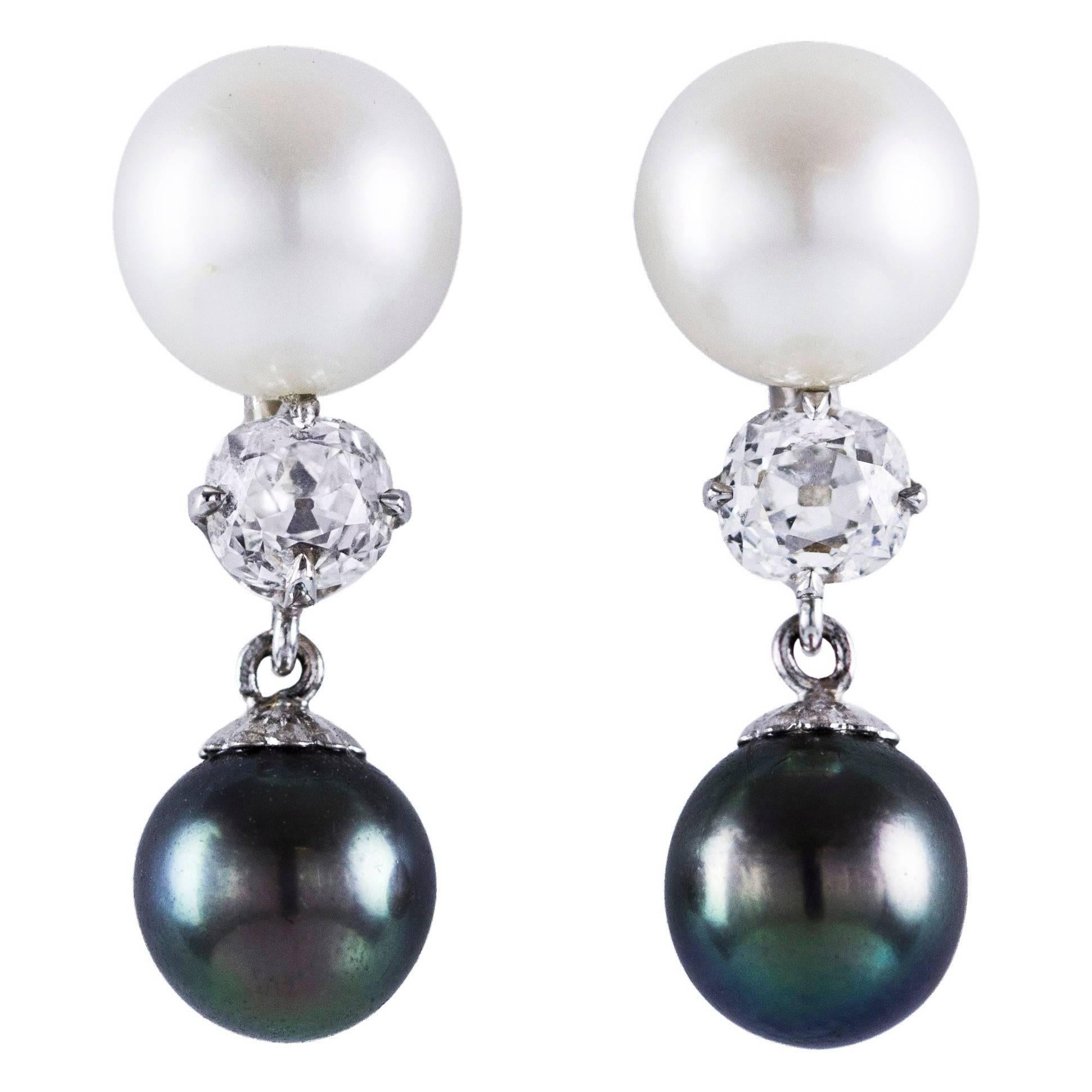Antique Diamond Pearl White Gold Dangle Earrings