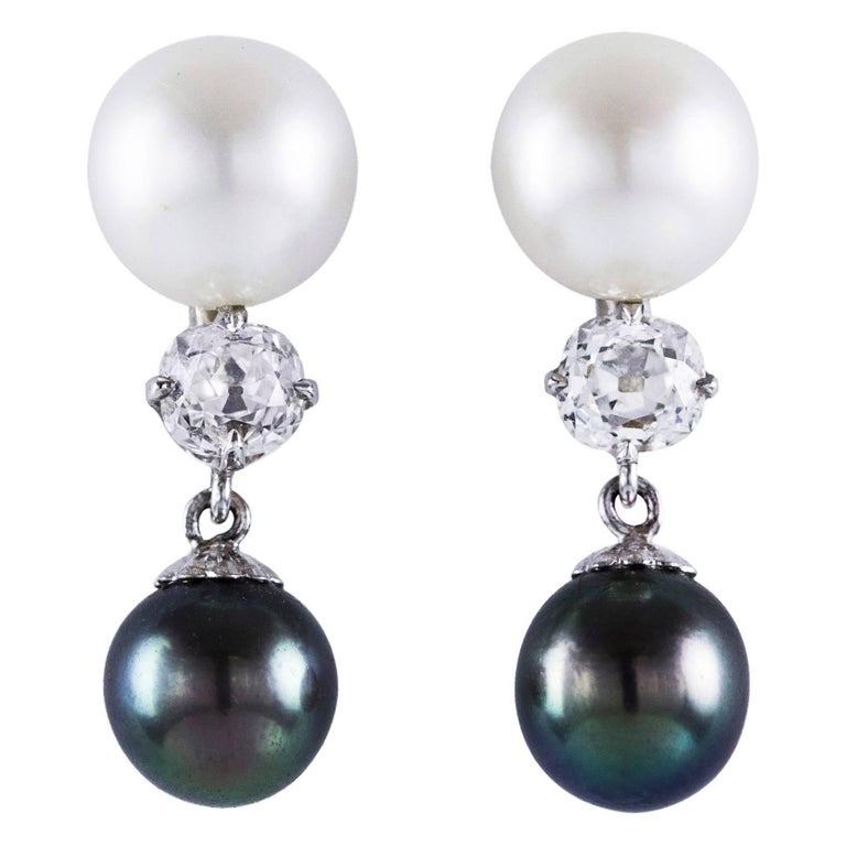 Antique Diamond Pearl White Gold Dangle Earrings at 1stDibs