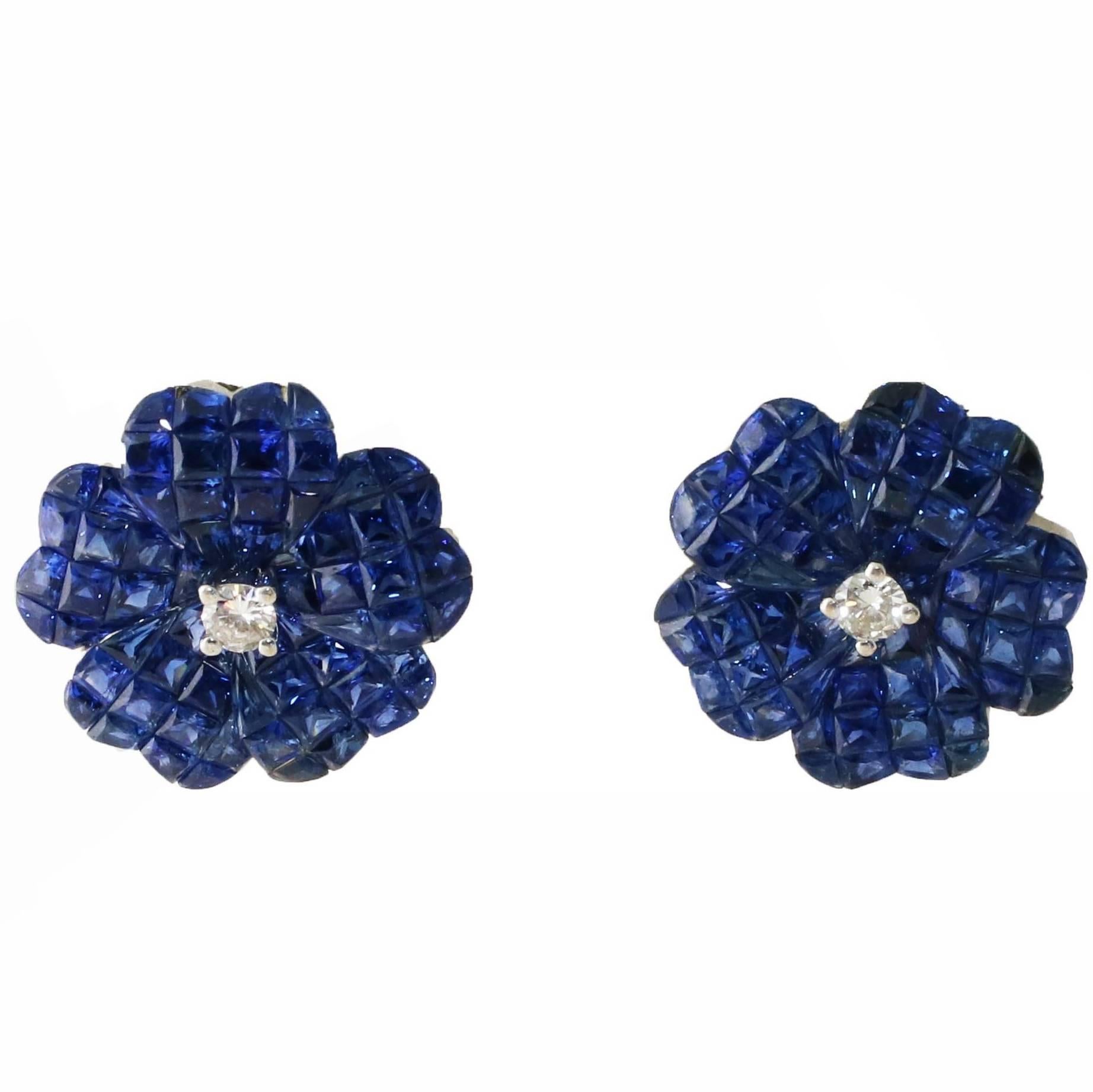 Sapphire Diamond White Gold Flower Clip Earrings
