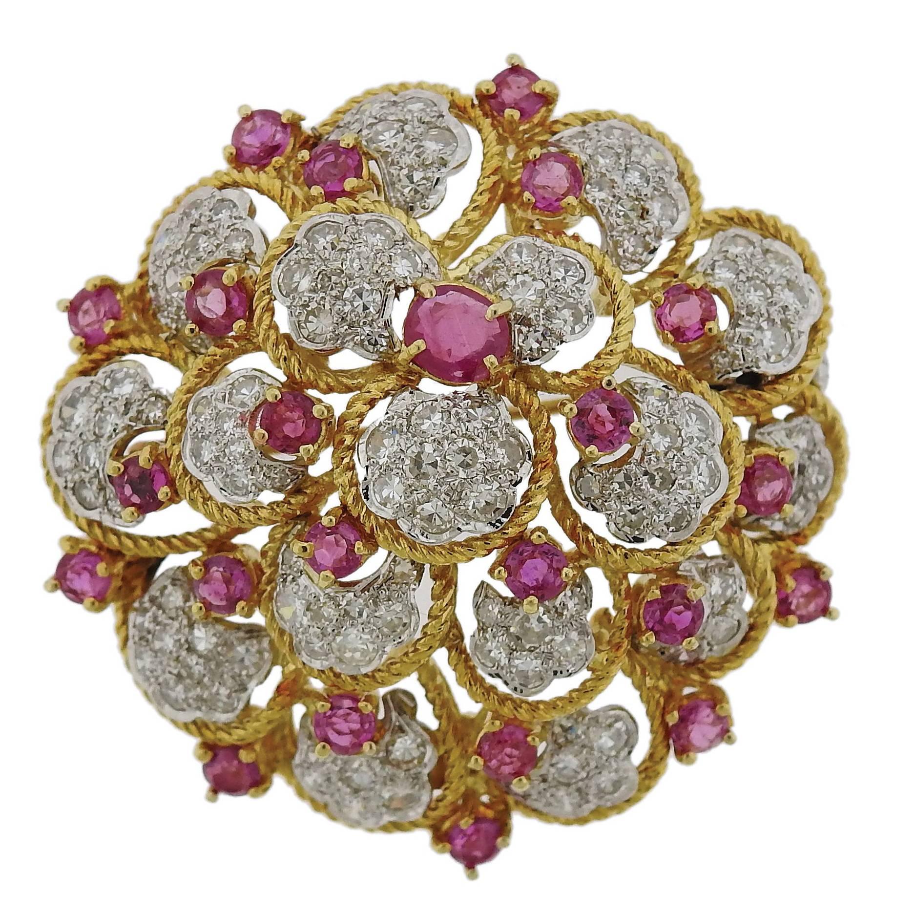 1960s Orletto Ruby Diamond Gold Brooch Pin
