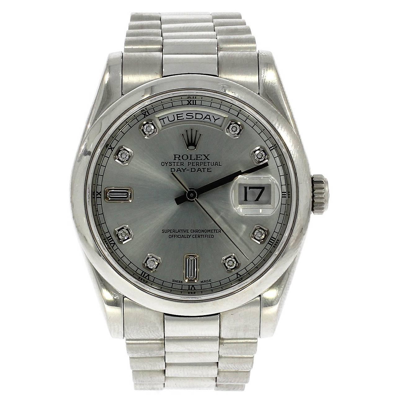 Rolex Platinum Silver Diamond Dial Day Date Automatic Wristwatch, Ref 8206